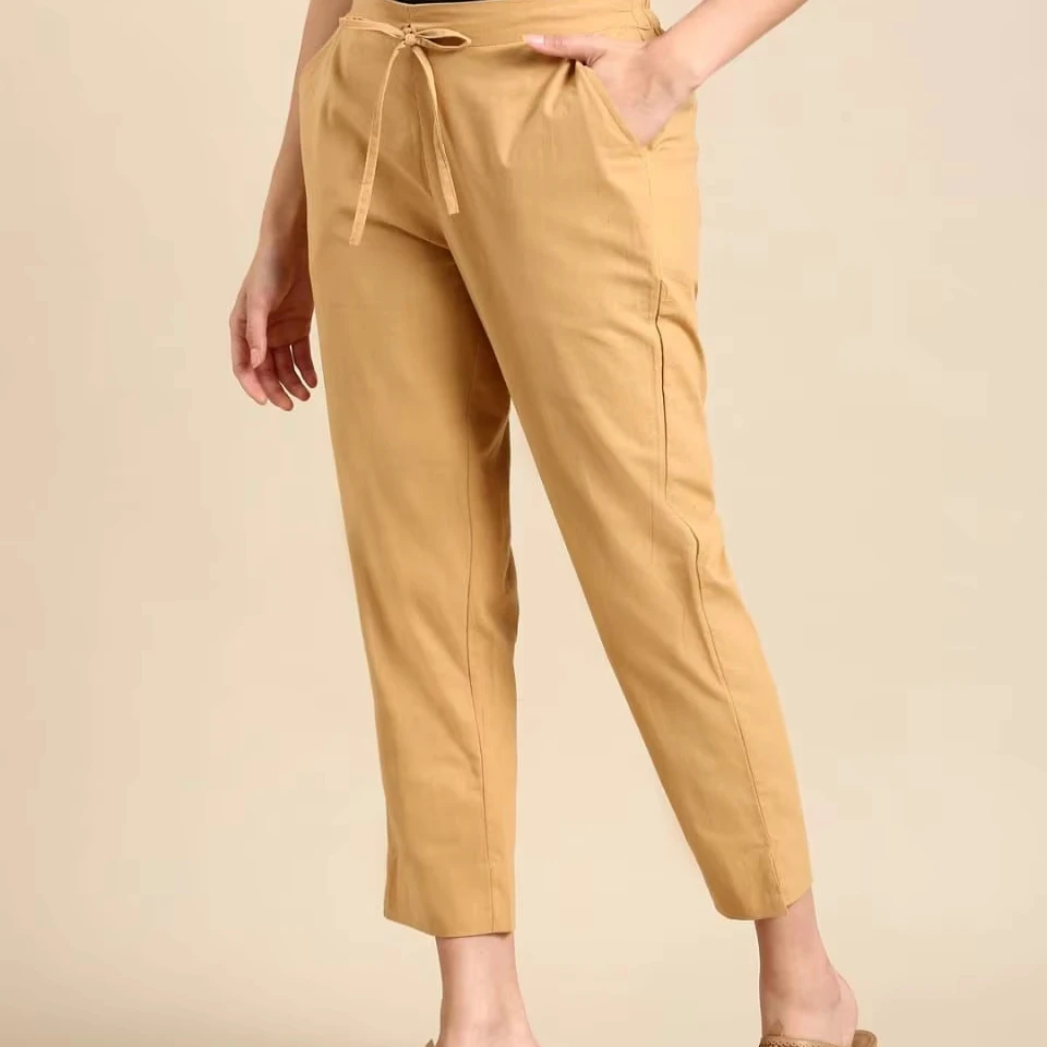 Women's Khaki Pure Cotton Trousers Regular Fit Elastic Waist Casual Style Breathable Eco-Friendly Summer Beige/Golden Color
