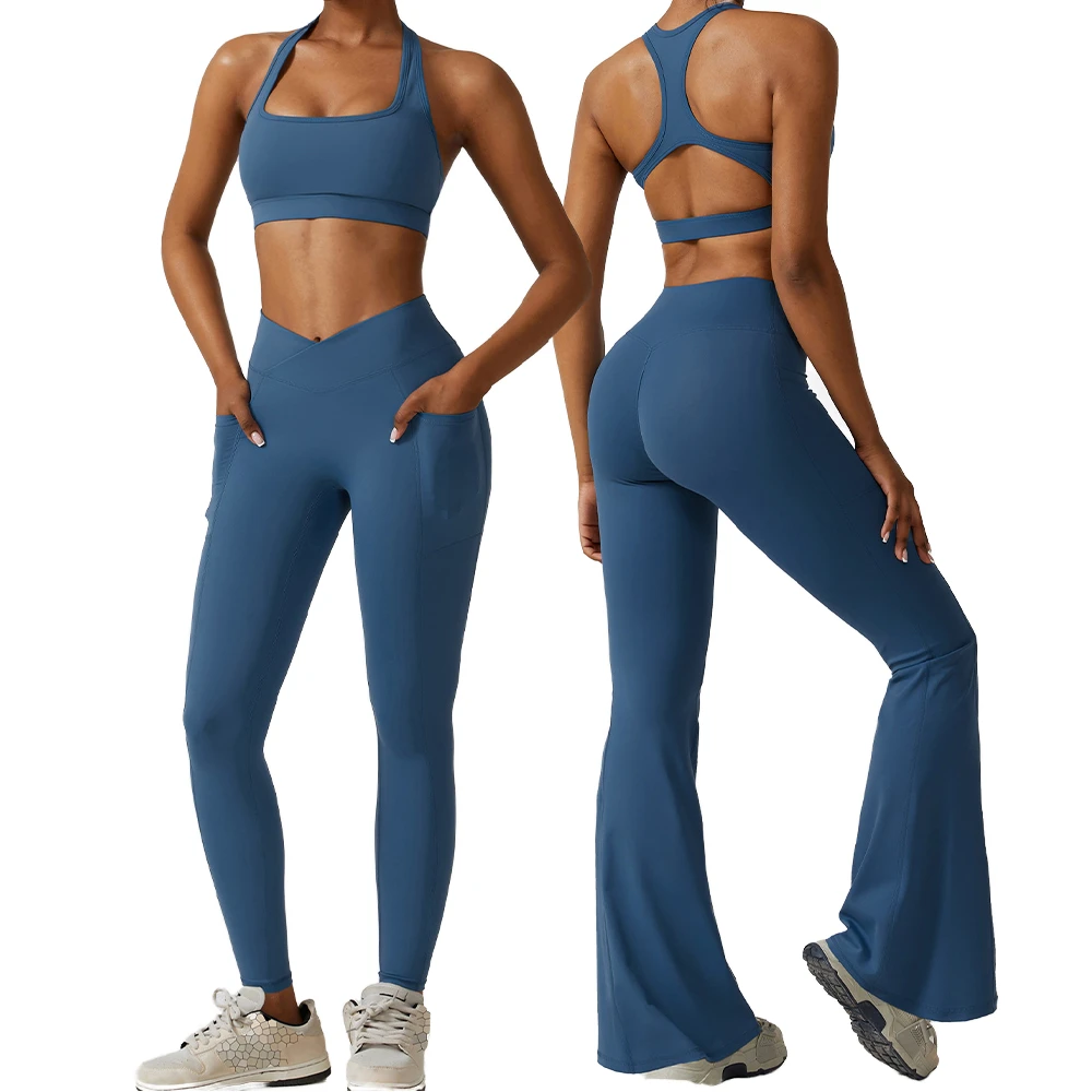 Custom Logo Naked Feeling Waist Solid Spandex Athletic Breathable Yoga Set For Women