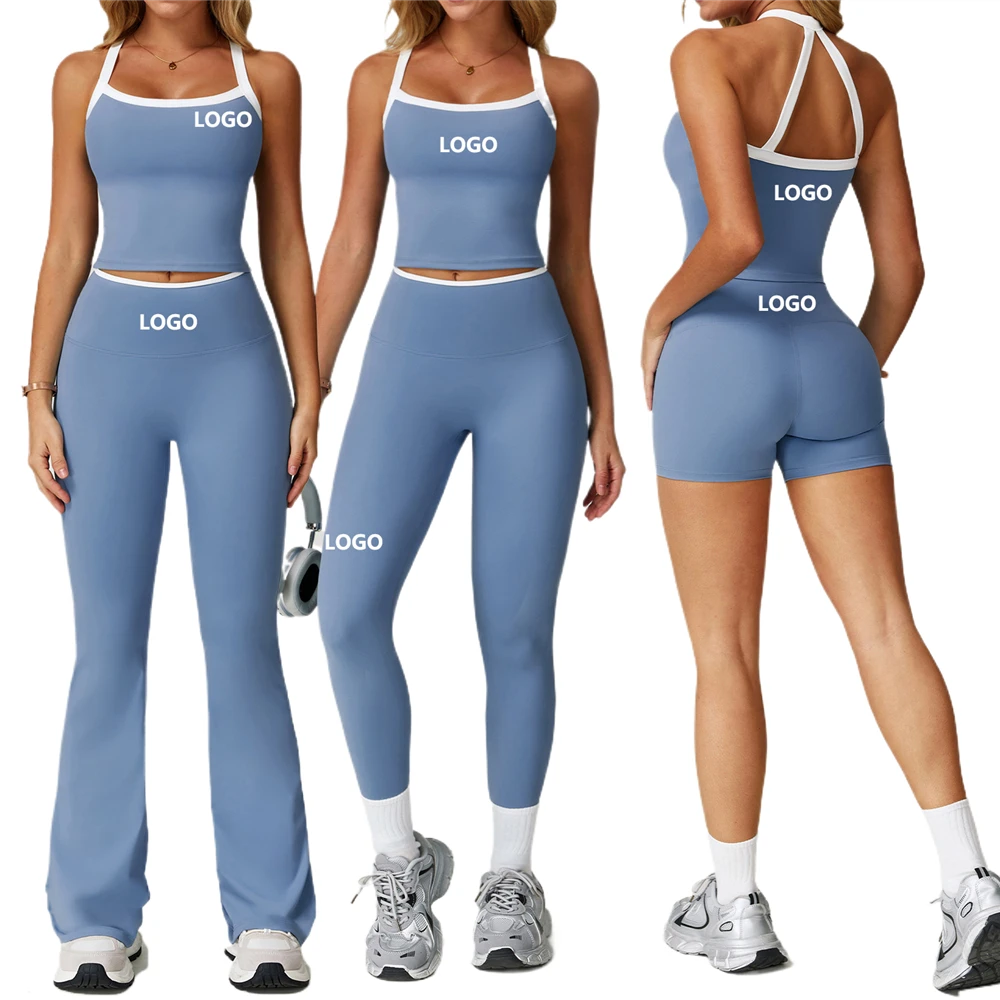 YMR-TZ2027 New Contrast Color Yoga Set 2pcs Push-up Leggings Wholesale Customized Gym Fitness Cross Vest Flared Pants