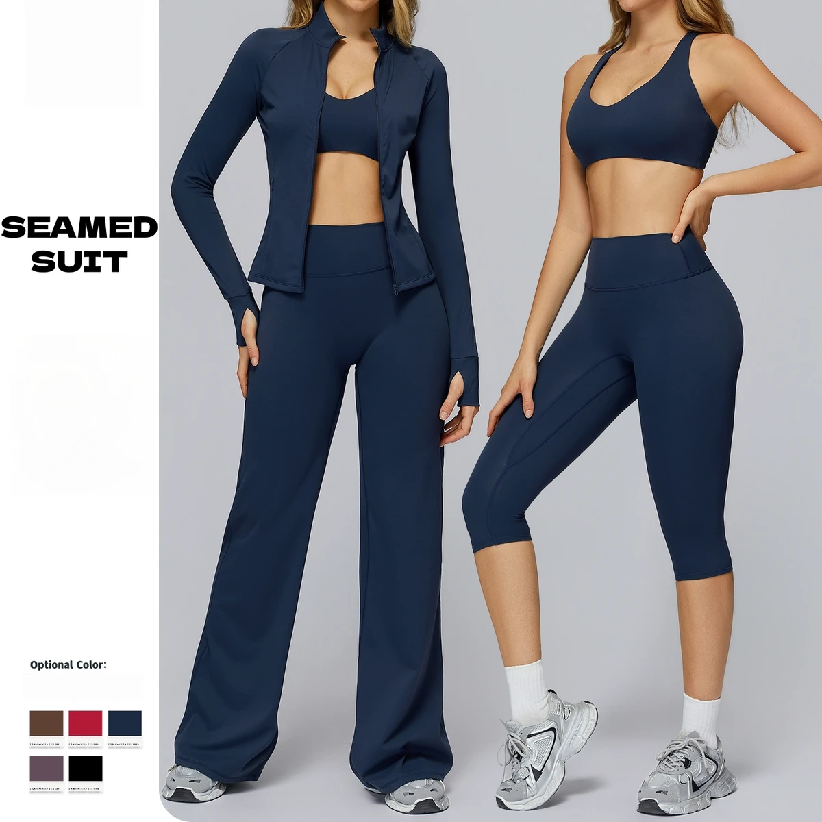 Women's 4 Piece Activewear Set With Zip Jacket Sports Bra High Waisted Wide Leg Pants and Capri Leggings Slim Fit Gym Outfit