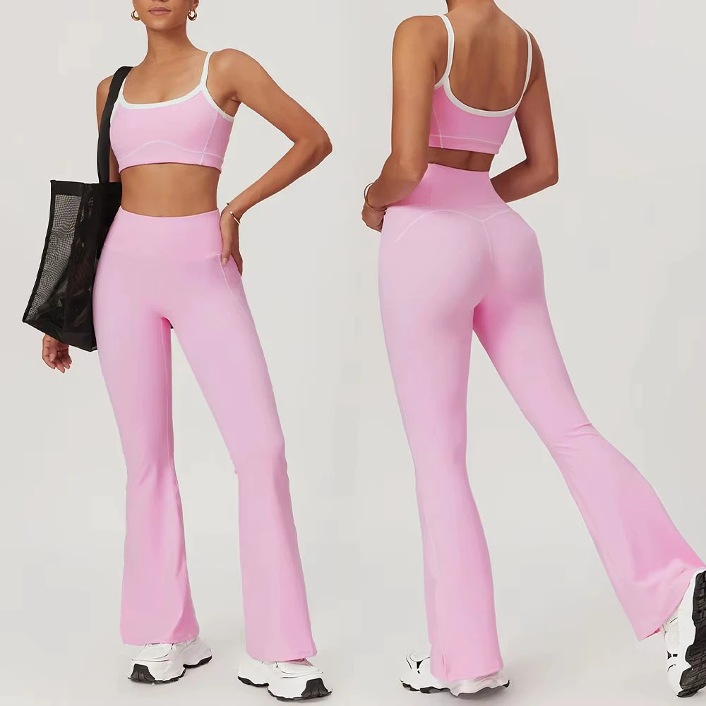 Custom Edge Contrast Side Stripe White Line Yoga Bra Women's High Waist No Front Seam Gym Fitness Flared Leggings 2pcs Yoga Sets