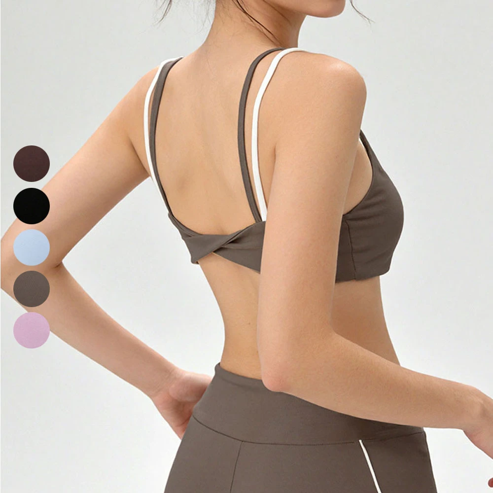 Women's Summer Twist Back Sports Bra Double Strap Contrast Trim Yoga Workout Bra for Gym Running Fitness Athletic Activewear