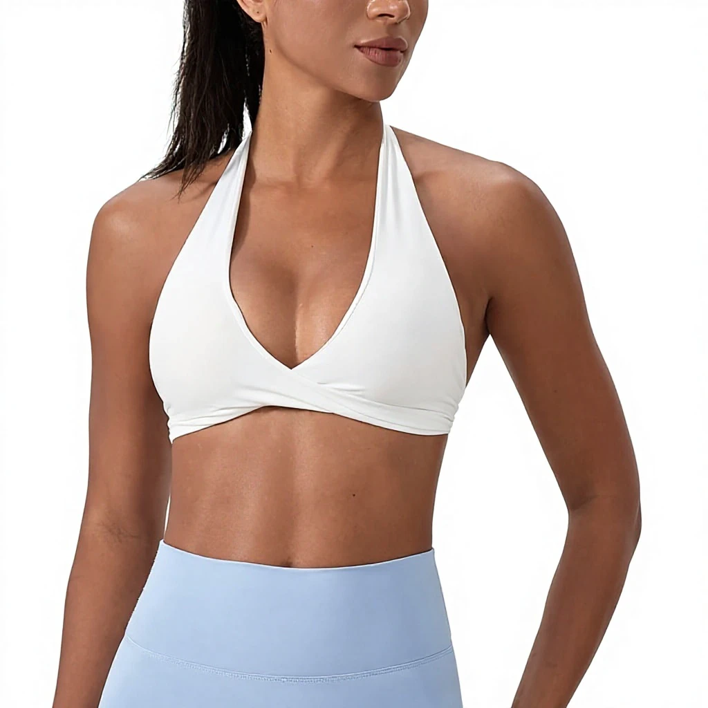 Women's 3/4 Cup Nylon Halter Neck Yoga Sports Bra, Wireless Fitness Vest