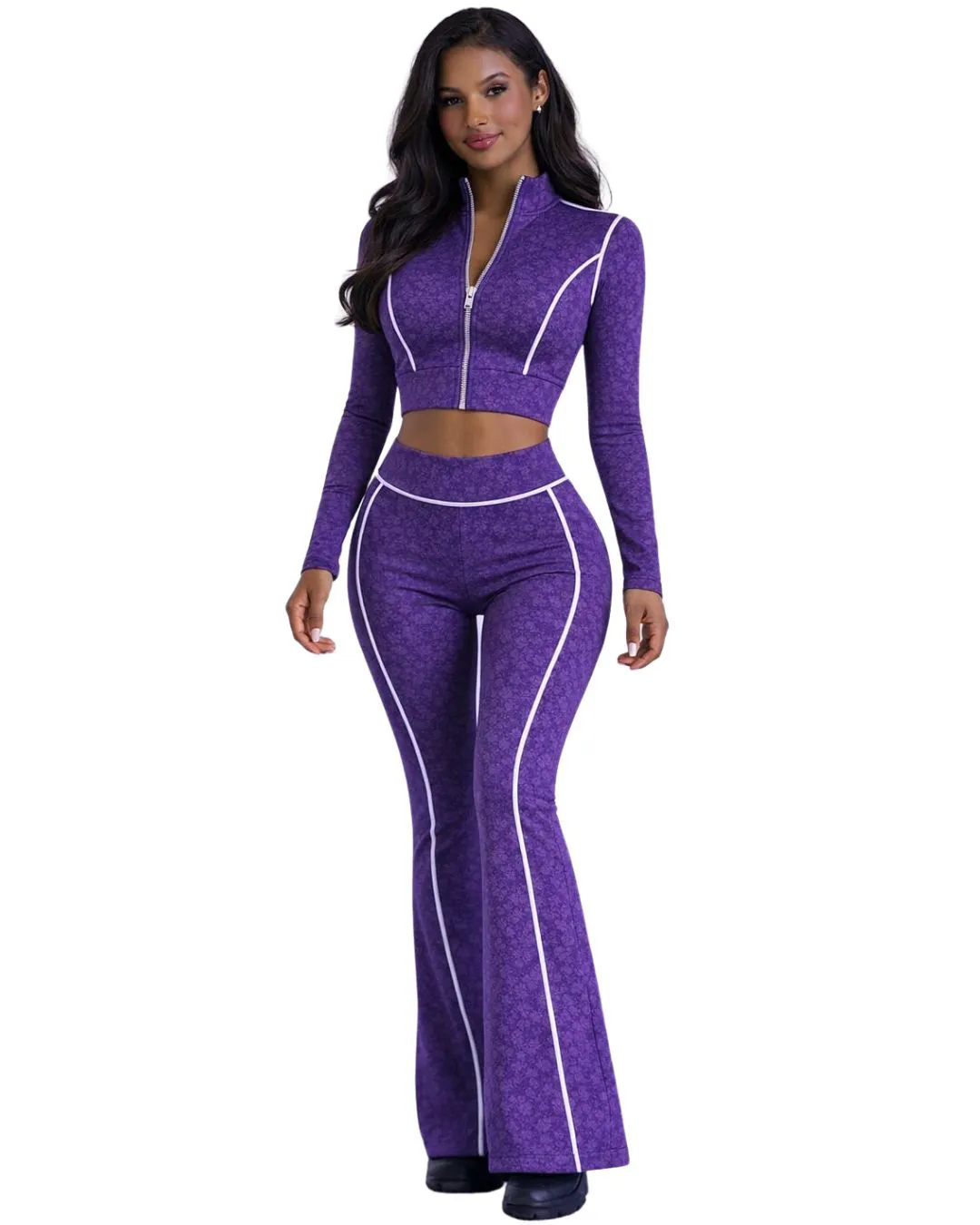 Women Two Piece Yoga Set Zip Crop Top And High Waist Flared Pants Contrast Piping Stretch Fitness Gym Wear Manufacturer