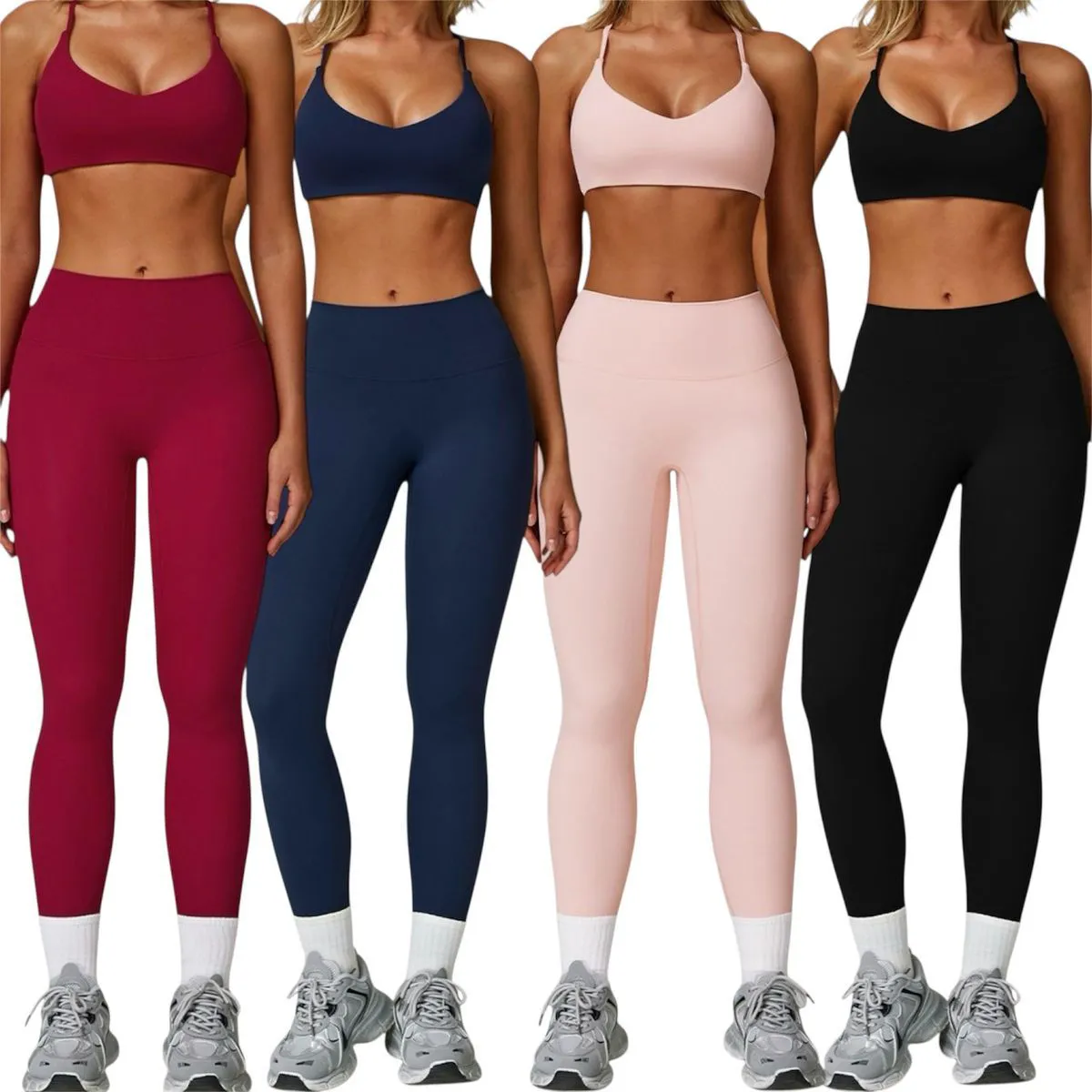 New Women's Solid Long Sleeve Crop Top Pants Set Breathable Fitness Yoga Outdoor Sports Suit Color Contrast Front OEM Services