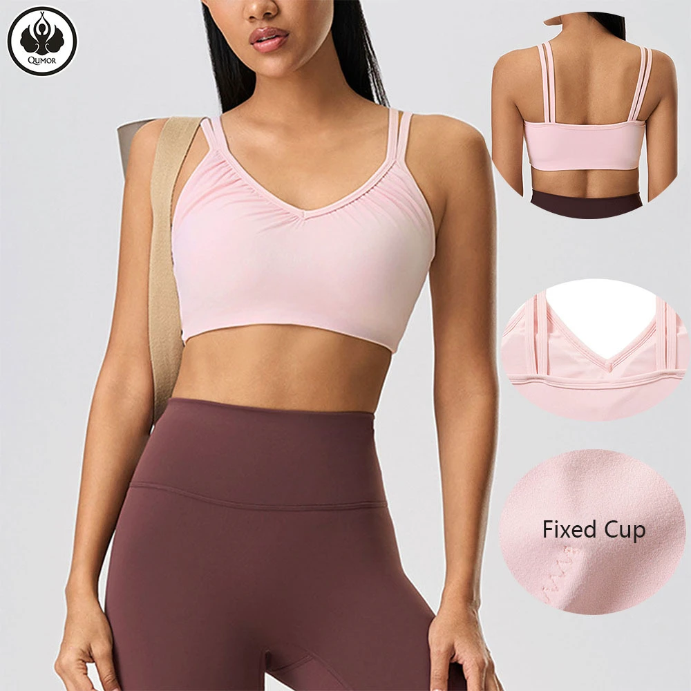 QUMOR Women's Lightweight Breathable Deep V-Neck Sports Bra Light Support T-Line Straps For Yoga Gym Workouts-Spandex/Nylon