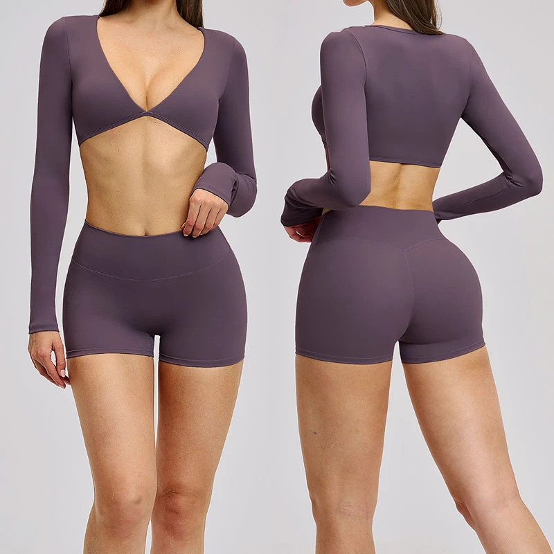 High Quality 2-Piece Solid Yoga Set Lightweight Breathable Quick Dry V-Neck Long Sleeve High Waist Butt Lift Tight Front Shorts