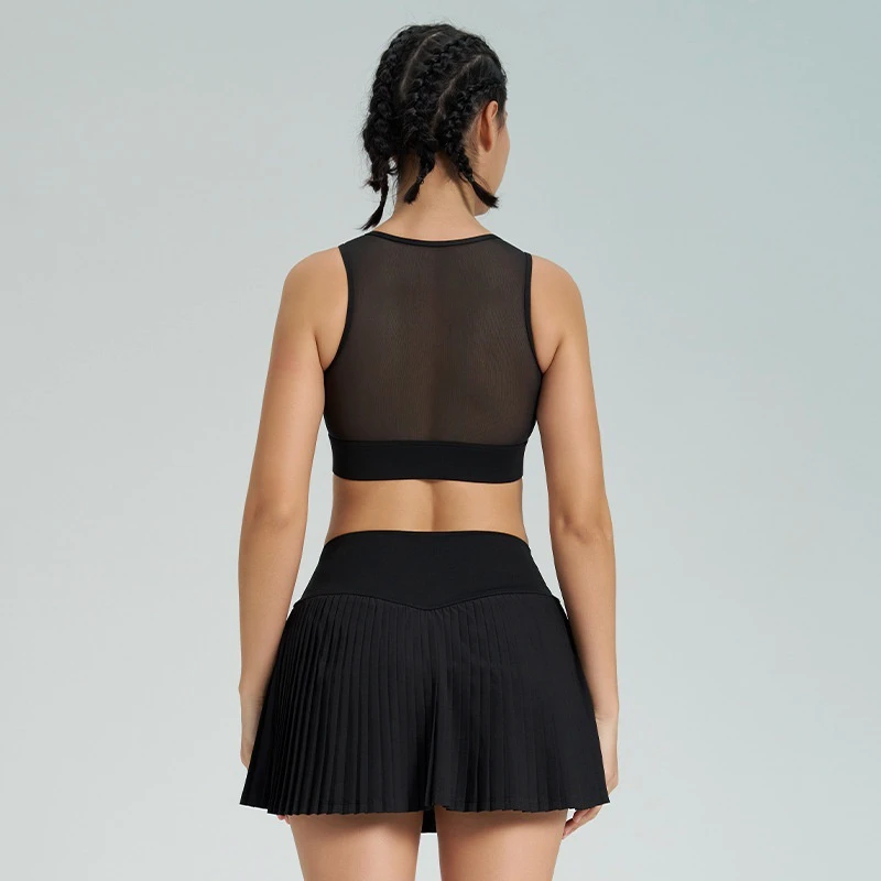 Women's High-Waisted Yoga Skirt Suit Quick-Drying Cross-Border Anti-Exposure Tennis Pleated Skirt Solid Two-Piece Set