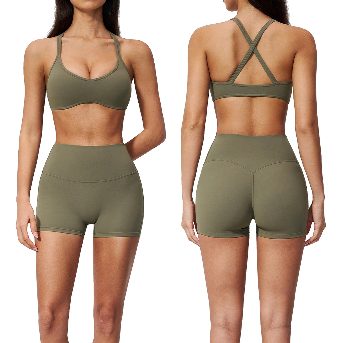 Womens High Waist 2-Piece Fitness Set Solid Breathable Lightweight Shorts Tummy Control Body Shaping Running Quick Dry Yoga