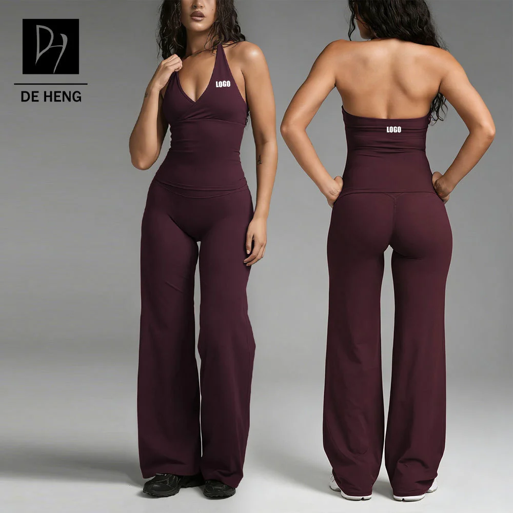 Custom Activewear Quick Dry High Elasticity Wide Leg Pants 2pcs Gym Fitness Yoga Set Deep V-neck Lightweight Women Workout Set