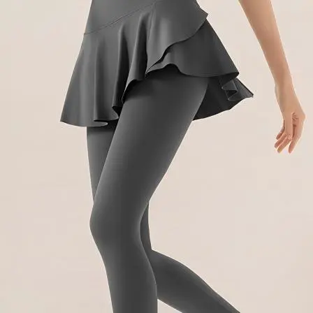 Women High Waist 2-in-1 Skirted Yoga Leggings with Side Pockets Modest Hip Cover Butt Lifting Workout Pants