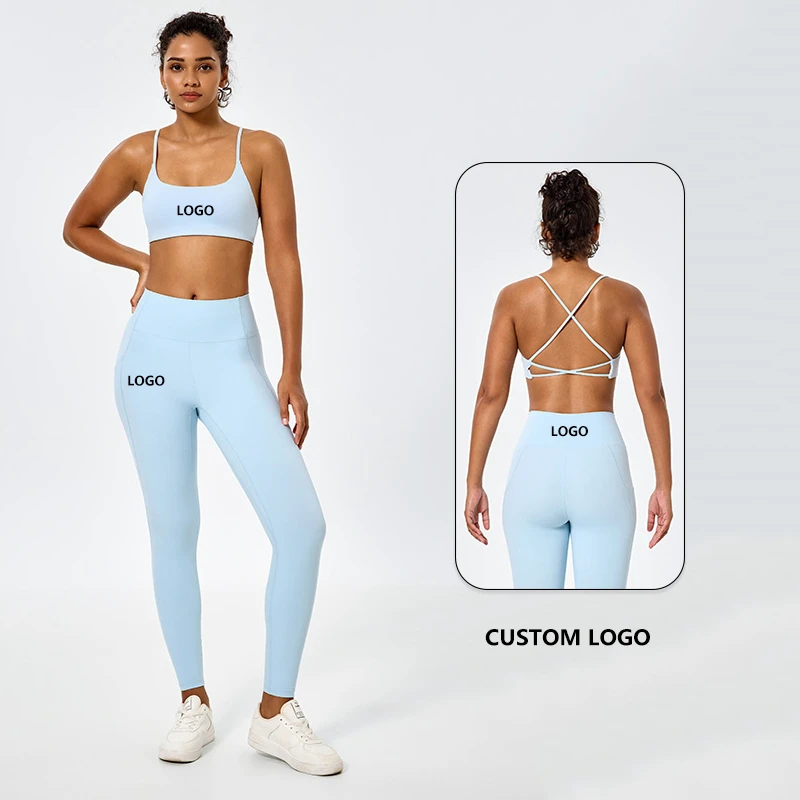 Sportswear OEM ODM Women Gym Clothing Factory Custom Strapless Backless Breathable Eco-Friendly Mid Waist Leggings Solid 2-Piece