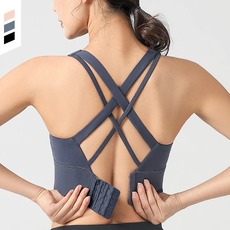 Xsunwing New Adjustable Buckle Fitness Bra High Impact Pad Shock-absorbing Sports Underwear Women Hollow Back Yoga Bra WLWWX22