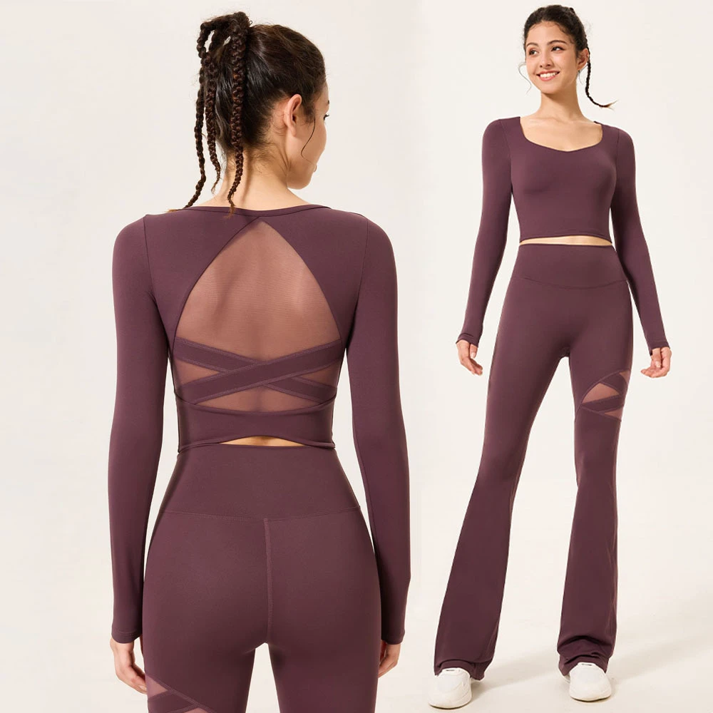 Custom Logo GYM Sport Wear Fitness Workout Long Sleeve Top Activewear Women Yoga Flares Pants Set Yoga Legging For Women