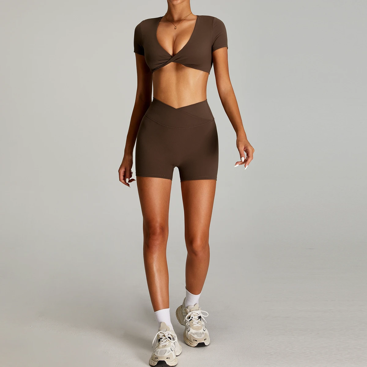 OEM Women Gym Clothing 2 Pcs Cross-shaped High-waisted Women Nude Tight Quick-drying Fitness Outdoor High-intensity Yoga Sets