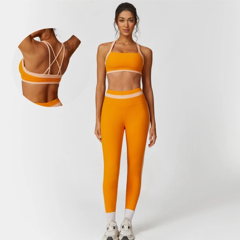 Aoyema High Quality Fashion Contrast Color Shockproof Cross Back Bra High Waist Butt Lift Tight Leggings 2 Pieces Yoga Sport Set