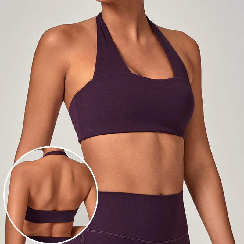 Hot Selling Women's Lightweight Seamless Breathable Quick Dry High Support Hollow Back Shockproof Yoga Sports Halter Bra Front