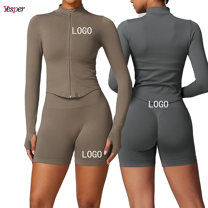 Women's Seamless High Waist Yoga Set Slim Fit Biker Shorts Zipper Jacket Coat Fitness Gym Set-Plus Size Breathable Solid Pattern