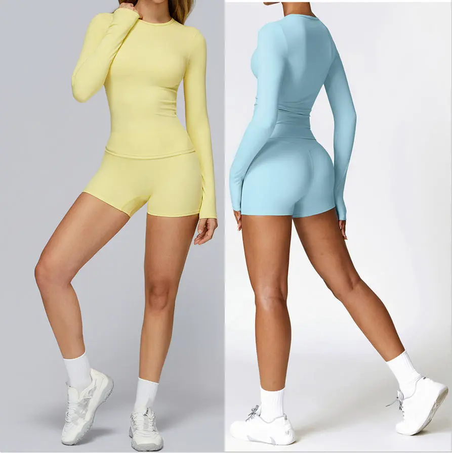 Women's Activewear High Waist Yoga Shorts Long Sleeve Shirts 2 PCS Set Solid Quick Dry Breathable Gym Fitness Sets