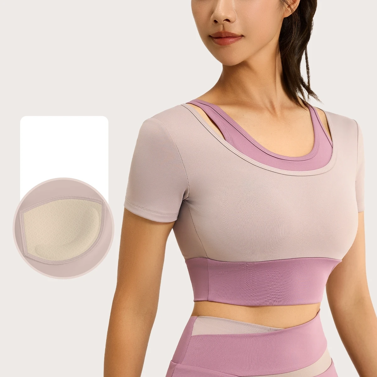 Women's High Waist Anti-Exposure Fitness Skirt Pants Set Breathable Quick-Dry Yoga Top Short Sleeve Four-Way Stretch Color Block