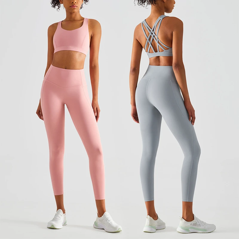 Sexy Cross Back Padded Strappy Bra and Leggings 2 Piece Yoga Set Crotchless Tight Pants Gym Fitness Sport Wear Clothes for Women