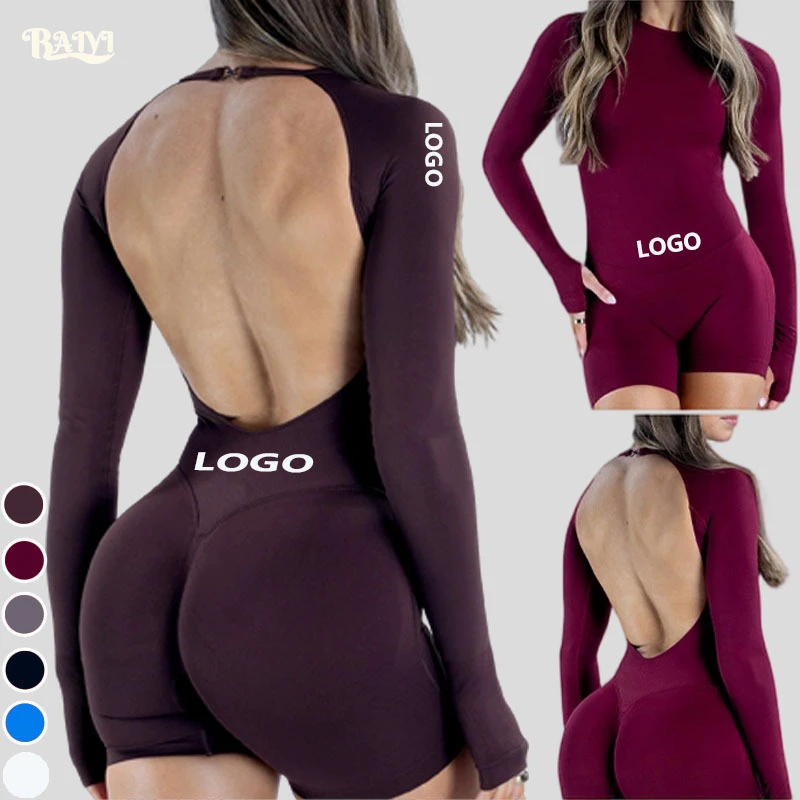 Jumpsuit Large Backless Long-Sleeved Lifting Hip Rompers Women's Gym Short Pants Suits Outdoor Fitness Workout Yoga 2-Piece Set