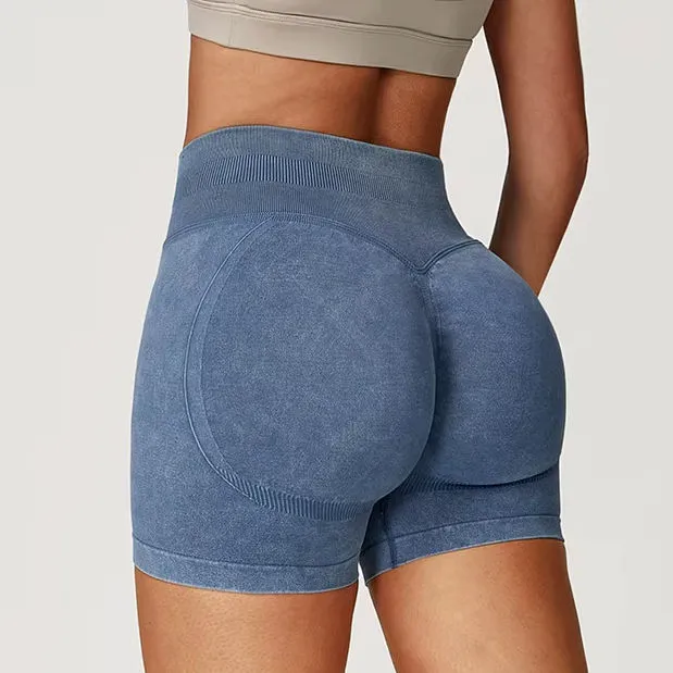 JY New Arrival Women Quick Dry Seamless Push up Gym Shorts High Waist Scrunch Butt Tights Washed Shorts Plus Size Pilates Wear