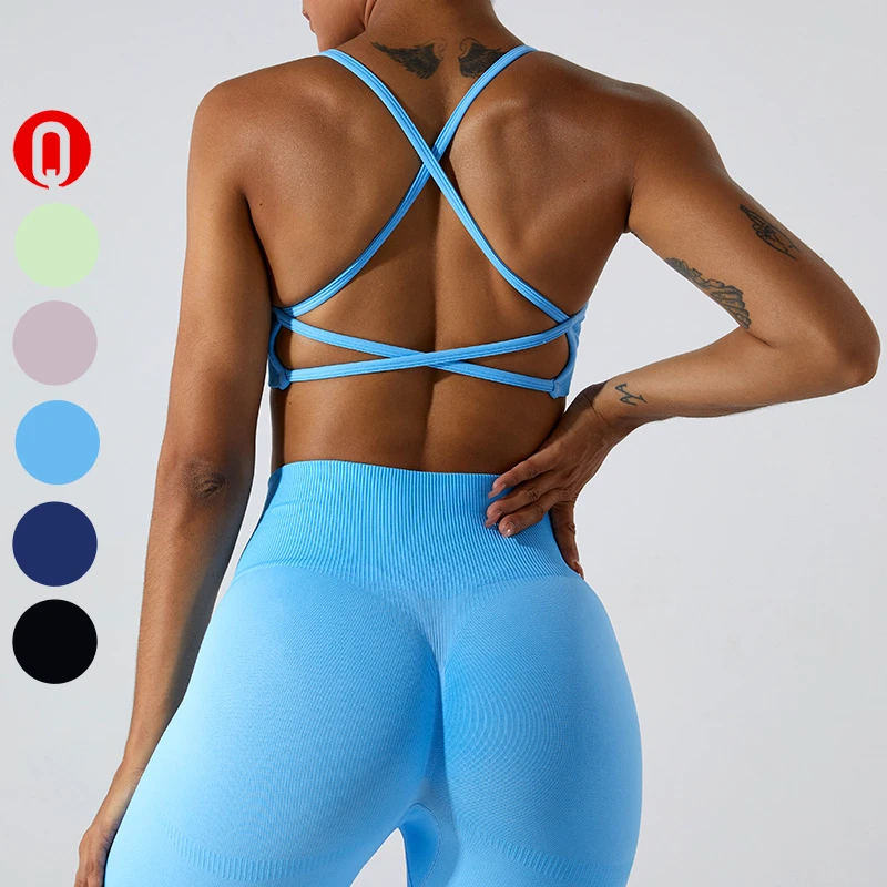 Wholesale Breathable Women Athletic Wear High Elastic Removable Chest Pad Cross Back Sport Bra Top Fitness Compression Yoga Bra