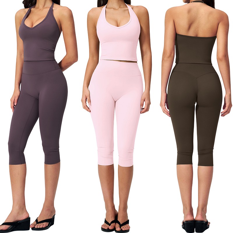 TZ5529-1 Two Piece Gym Halter Tops Bra Workout Wear Fitness Casual Loose Pants Active Wear Gym Clothes Yoga Set for Women