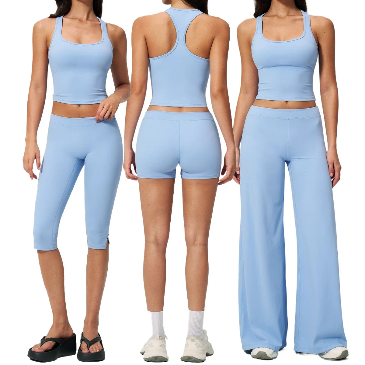 Women's Solid High Elastic Quick-drying Yoga Suit 2-Piece Set for Fitness Sports Casual Wear Middle Shorts