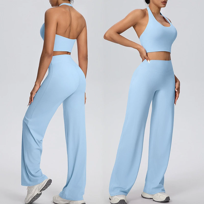 Women's Halter Neck Sports Bra & Wide Leg Pants Sportswear Set, 2 Piece Workout Outfits for Yoga & Fitness
