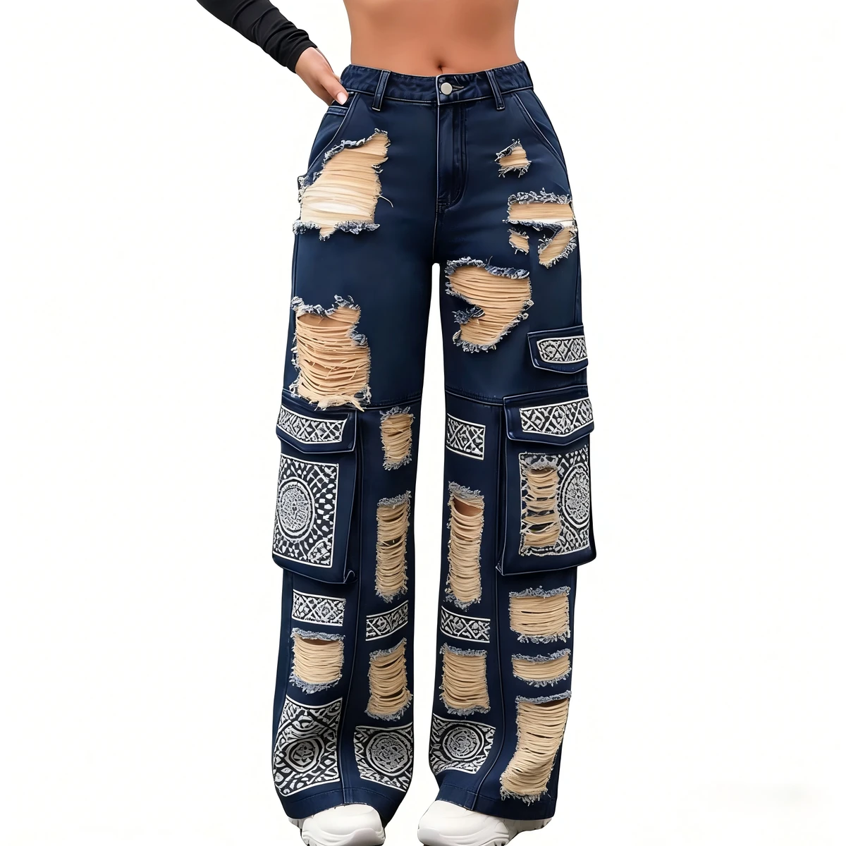High Street Women Baggy Trousers High Rise Multi Pockets Faded Washed Denim Wide Leg Cargo Denim Jeans Womens Denim Jeans