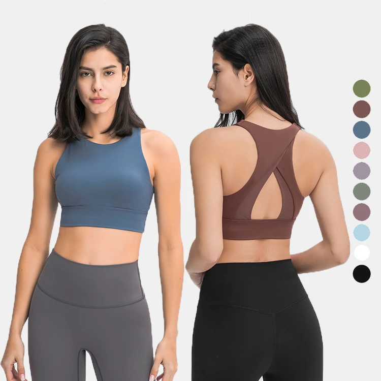 New Style Solid High Round Neck Triangle Hollow Beauty Back Underwear Shockproof Gathering Fitness Yoga Bra