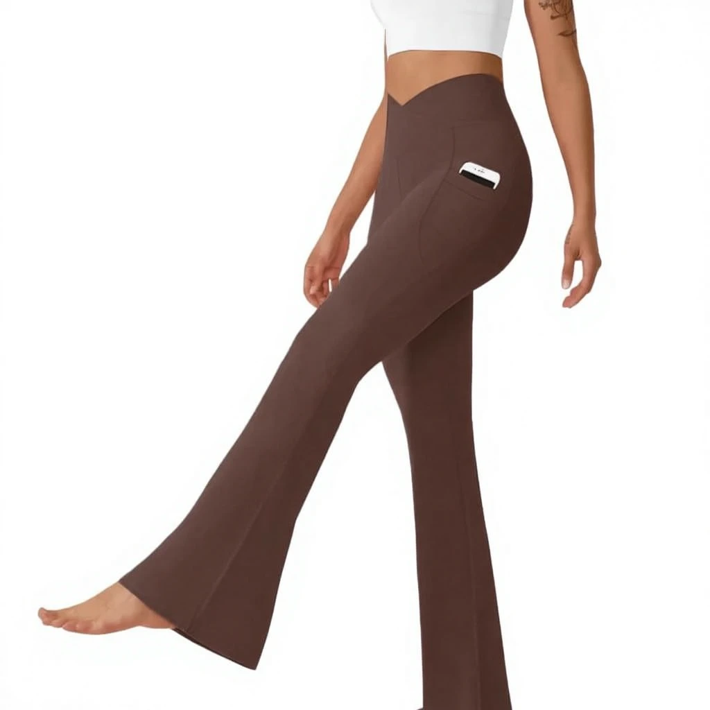 DLOODA Women's Flare Leggings Pockets-Crossover High Waisted Bootcut Yoga Pants Tummy Control Bell Bottom for Color Blocking