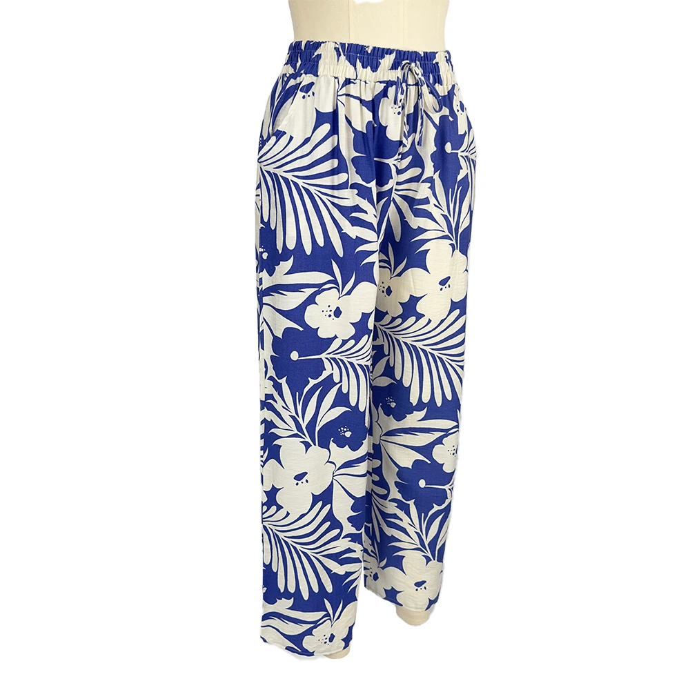 Viscose Blend Floral Anti-Wrinkle Breathable High Waist Wide Leg Women's Pants Summer Casual Office Pants Bulk Orders