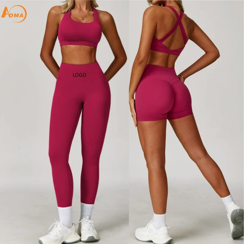 Aoyema Womens 2 Piece Workout Set Ribbed Cross Front Crop Top and High Waist Leggings Multipiece Yoga Athletic Set