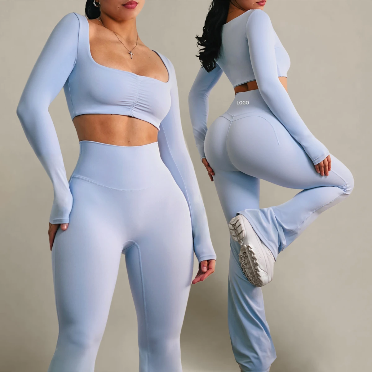 Custom Logo Women's Yoga Set High Waisted Flared Leggings Stretch Fabric Long Sleeve Sportswear Gym Workouts Fitness Clothing