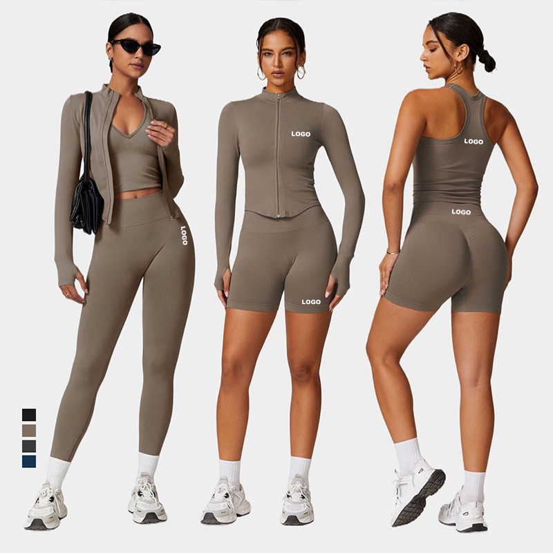 Women's Solid Seamless Slim Fit Yoga Gym 5-Piece Set High Waist Leggings Biker Shorts Zipper Jacket Coat Sports Bra Breathable