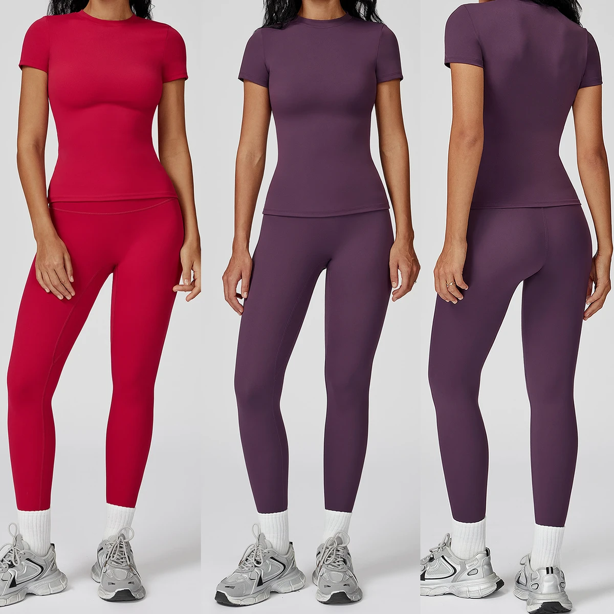 Brushed Yoga Suit Round Neck Slim Fit Yoga Clothes Women's High Intensity Outdoor Running Sports Fitness Clothes