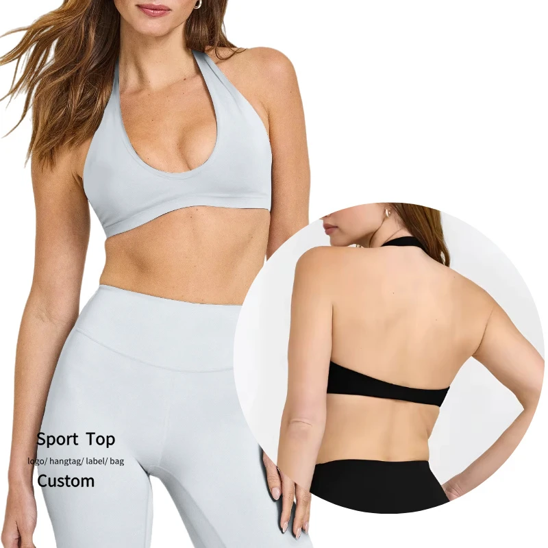 Low MOQ Yoga Sports Bra for Women Custom Logo Front Breathable Simple Deep U Neck Open Back Halter Workout Fitness Underwear