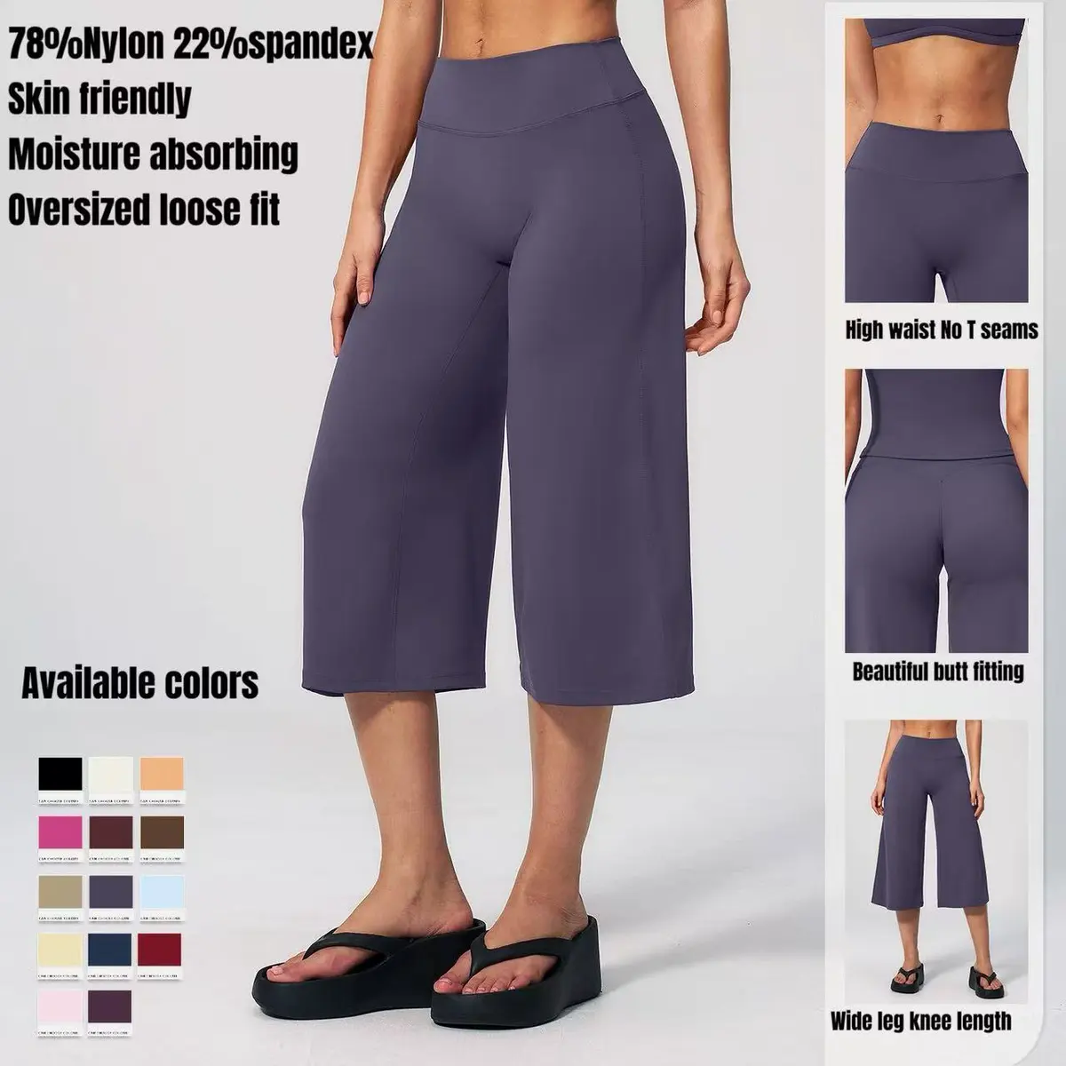 Custom Logo Solid High Waist Solid Oversized Loose Fit Wide Leg Knee Length Nylon Track Pants Yoga Gym Capri Pants For Women
