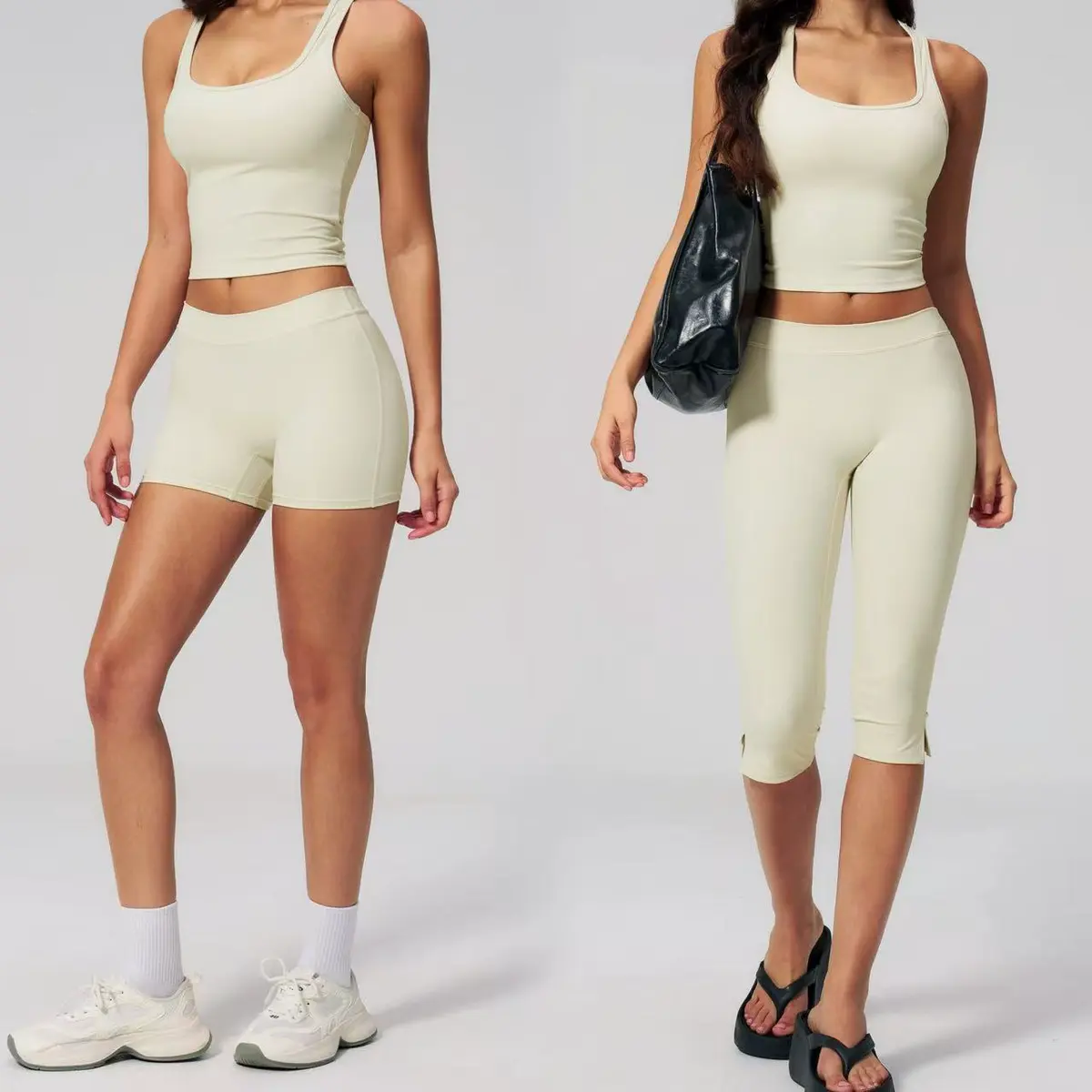 New Women's Solid High Elastic Quick-drying Yoga Suit 2-Piece Set for Fitness Sports Casual Wear High Waist Yoga Shorts Sets
