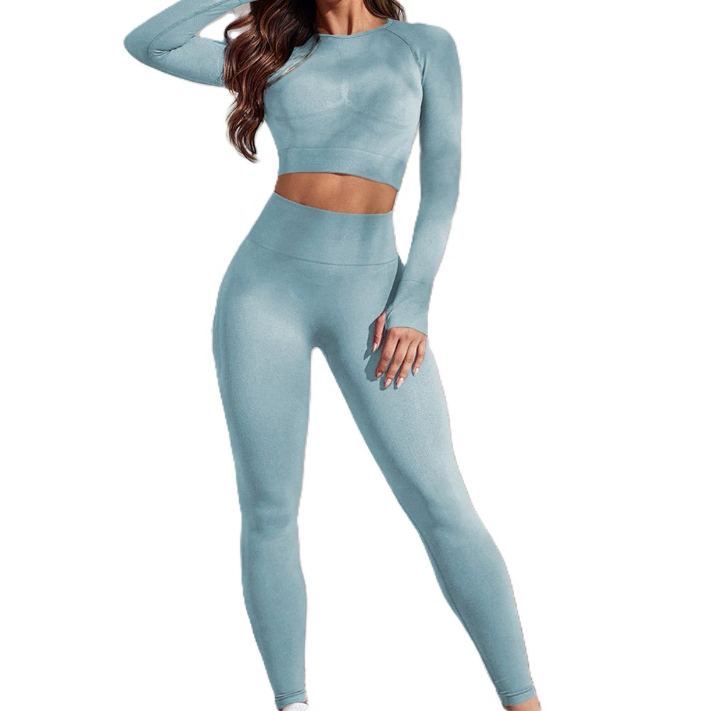 High Quality Solid Yoga Set Long Sleeves Crew Neck Crop Top High Waist Leggings 2 Piece Sweat-Wicking Seamless Workout Fitness