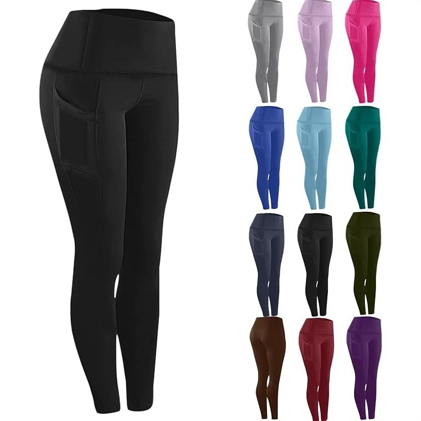 High Waist Slim Basic Solid Polyester Velour Yoga Leggings Pockets Stretch Cropped Fitness Pants Women Gym Running Casual Wear