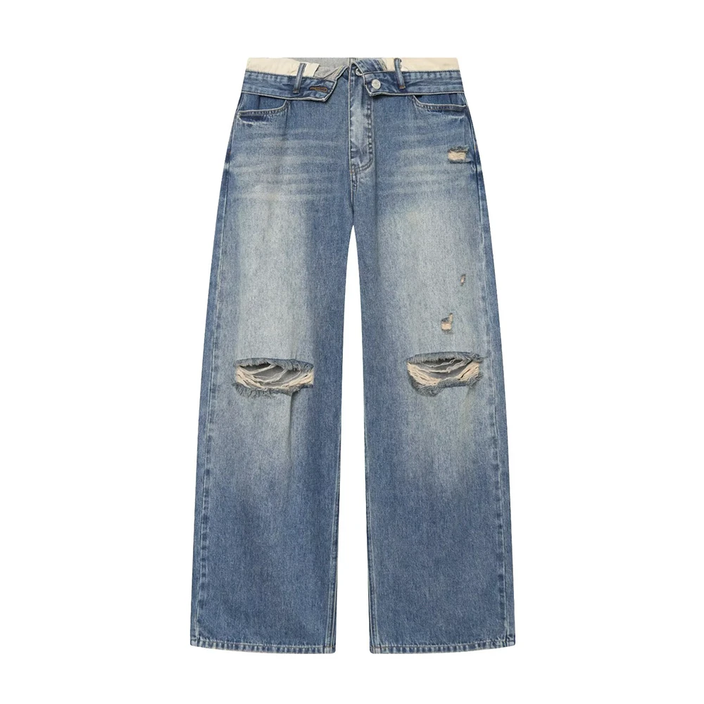PB&ZA Women 2026 Summer New Chic Fashion Blue Straight Jeans Lace Ripped Jeans Vintage Female Mid Waist Denim Pants Mujer