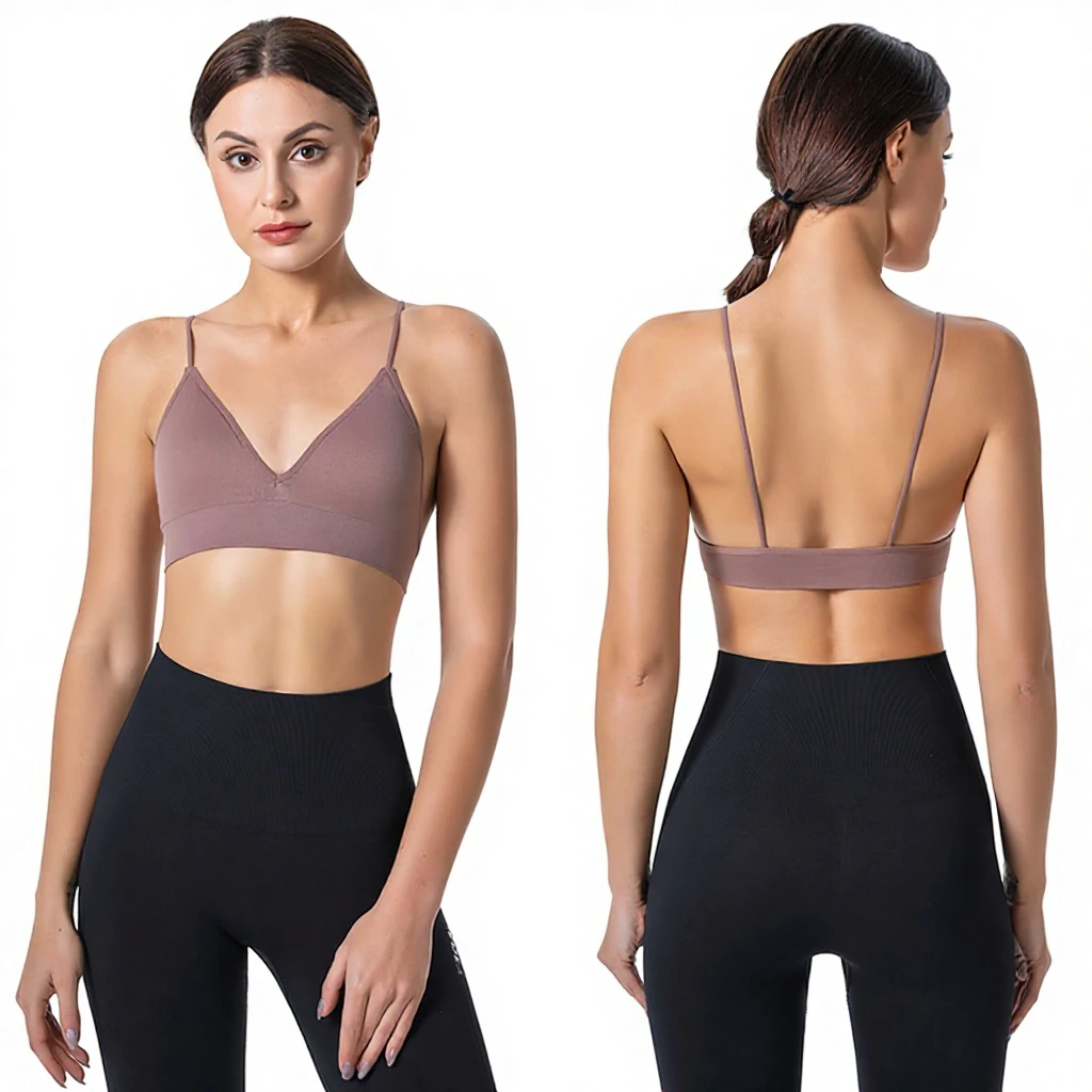 European American Wire Free Solid Deep V Character Triangle Cup Traceless Bra Thin Strap High Elastic Casual Basing Bra Yoga