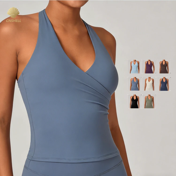 CNSHELL Cross Front Sleeveless Sports Bra Deep V Neck Backless Halter Tank Top Yoga Manufacturer Fitness Slim Fit Tops