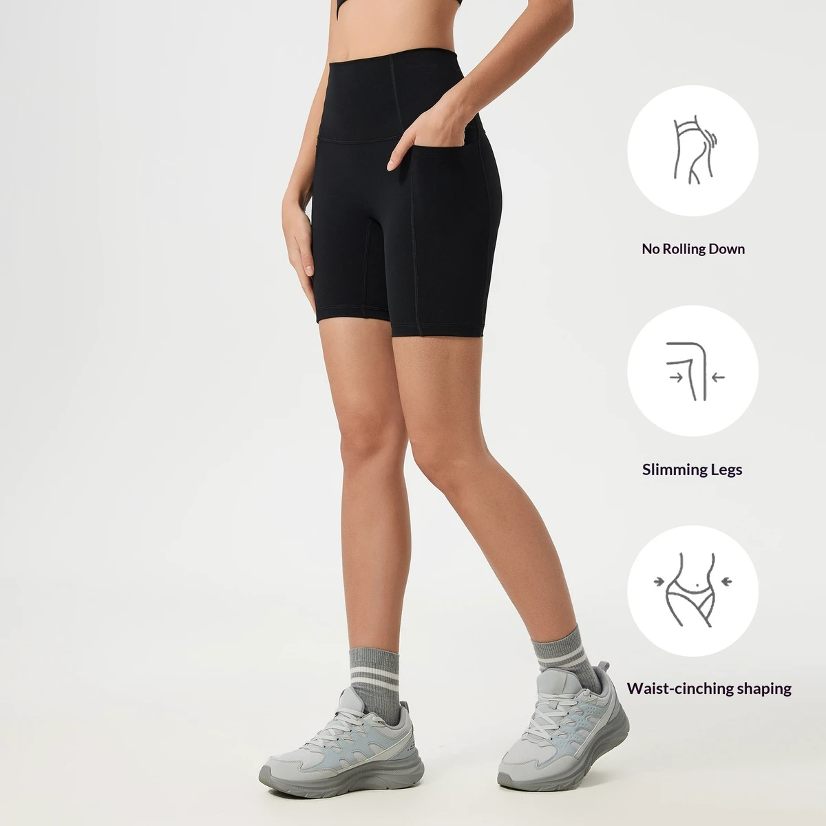 Summer No-T-Line Yoga Shorts Side Pockets High-Waist Butt-Lifting Outdoor Cycling Sports Fitness Cropped Pants Nylon Spandex