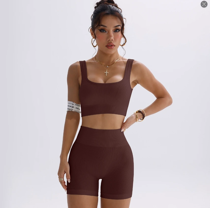 Seamless Ribbed Breathable Butt Lift Polyester Yoga Set 2 Piece High Waist Tight Biker Shorts + Square Neck Sports Bra Workout