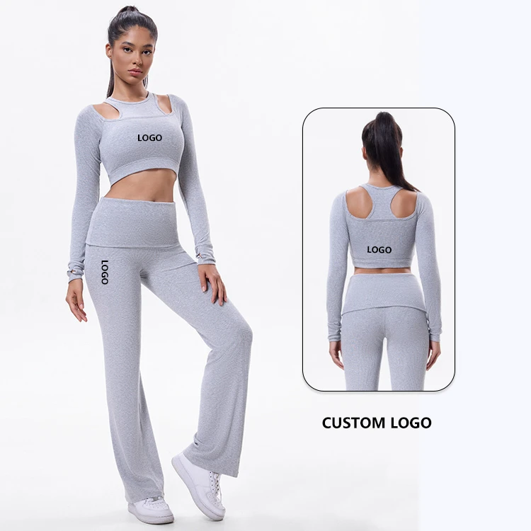 Hingto Custom Logo Soft Rayon Spandex Women Long Sleeve Cutout Crop Top High Waist Flare Pants 2 Piece Lounge Yoga Set